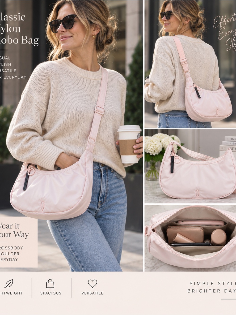 Classic Black Nylon Shoulder Hobo Bag